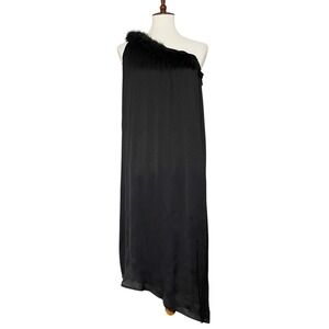 Velvet by Graham Spencer Black One Shoulder Dress Feather Trim‎ Party Cocktail